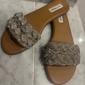 Steve Madden Braided woven Crystal Slides/Sandals/Flats - Silver/Rhinestone
